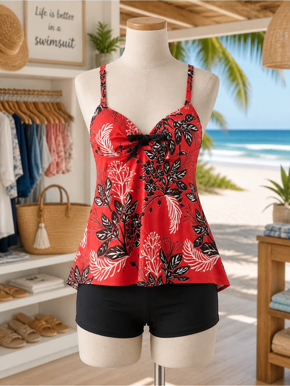Red & Black Floral Tankini Top with Boy Shorts, Size XL, NWOT